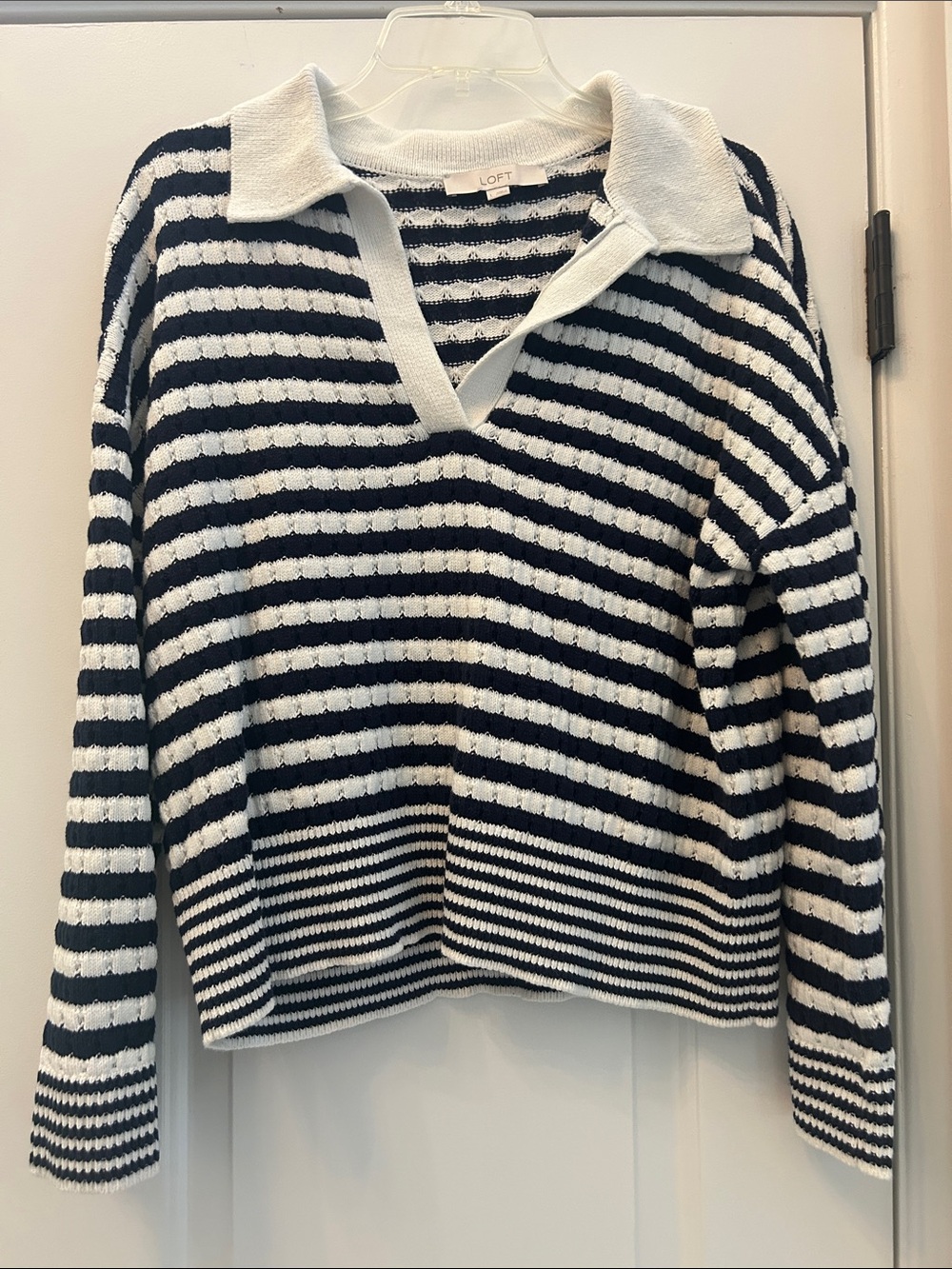 LOFT Women's Navy and White Striped Polo Sweater